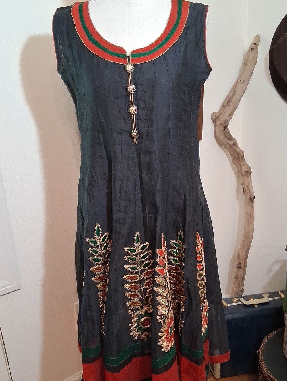 Sleeveless Embroidered Black Midi Dress with Red & Green Embroidery Embelishment
